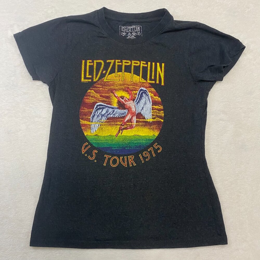 Led Zeppelin US Tour 1975 Icarus T Shirt Womens Size XL Black Tee Short Sleeve